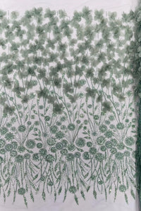 Sage Green Beaded Fabric 3D Floral Butterfly Fabric by the Yard, Luxury Butterfly